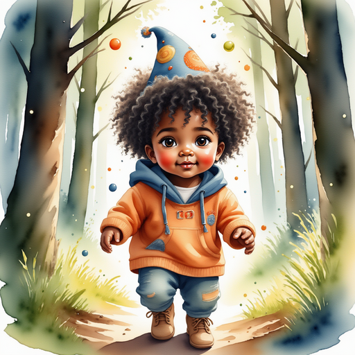 Show Zippy Zapata walking under towering trees, with tiny lights hovering around him. In the background, faint glowing orbs shimmer among the branches.
