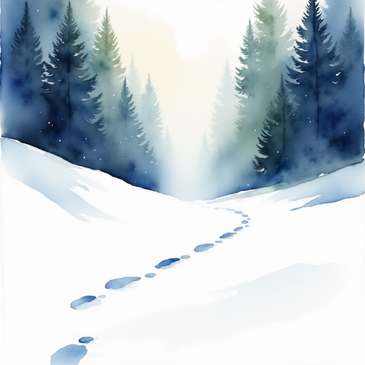 Close-up of small footprints in the snow leading toward dark trees, with no character mention. Faint tree silhouettes