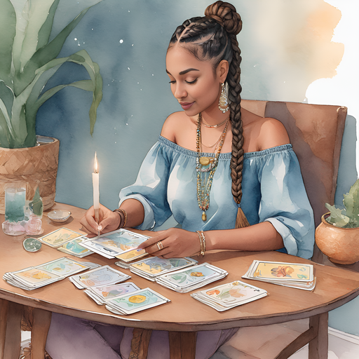 Ahgaddes reading tarot cards at a table wearing long braided beaded ponytail wearing tribal off the shoulder shirt and denim pants
