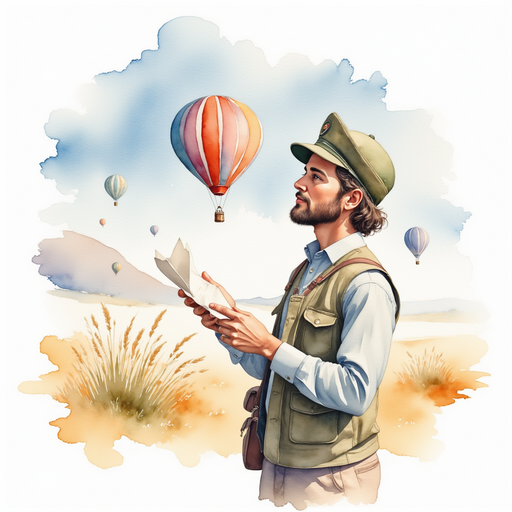 The pilot wearing a cap and holding crumpled notes In the background, a colorful hot air balloon waiting for takeoff.