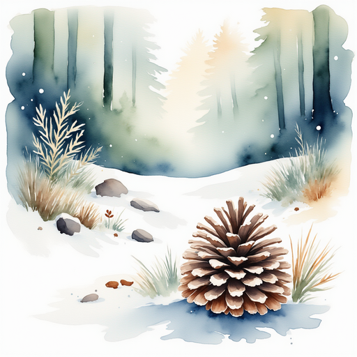 A pinecone coated in silvery frost rests on the forest floor In the background, winding tree roots weave through the snow