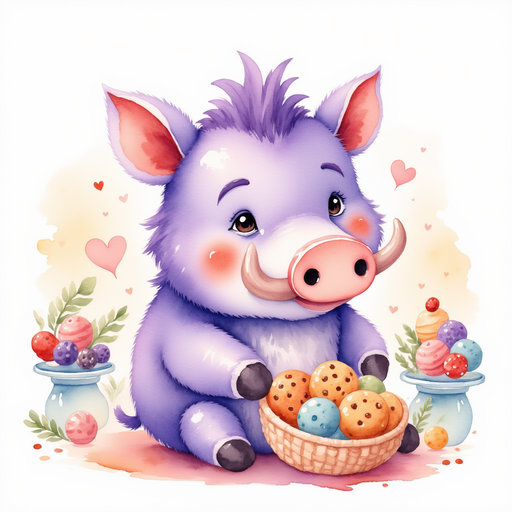 Brutus, the purple warthog, happily munching on a cookie basket, his snout covered in crumbs. In the background, jar-shaped pillars filled with colorful sweets
