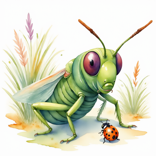 Buzzywhirl bends down to listen to a tiny ladybug. In the background tall grass makes a cozy hideaway.