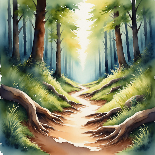 Twisted forest path with large, gnarled roots crossing the trail. In the background towering trees that block much of the light