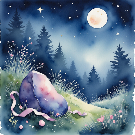 A glittering stone rests beside scattered ribbons. In the background, the moonlight shimmers over the grass.