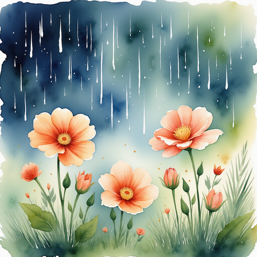A cluster of bright flowers bends under the pounding rain. In the background, raindrops glimmer on the grass.