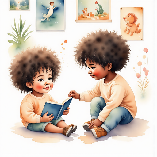 Another child reaching over to tap the boy's shoulder, a book about sea adventures clutched in their hand. In the background, a wall decorated with posters showcasing famous storybook characters.