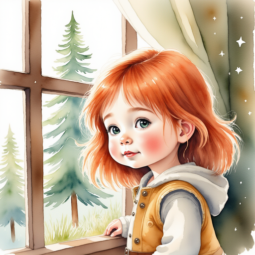 Bolda peeks out a window. In the background, tall trees sway with the wind.