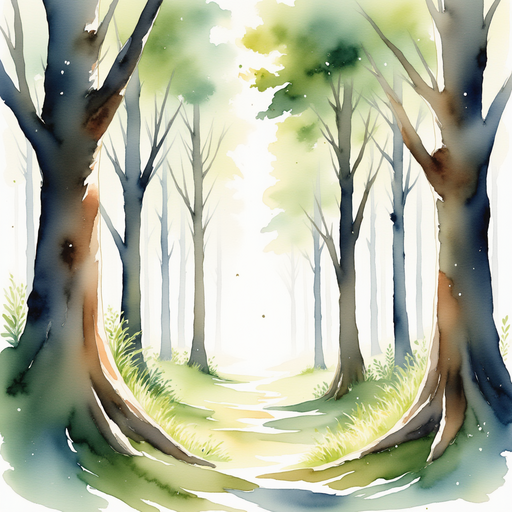 A cluster of tall, ancient trees with gnarled branches, seemingly whispering in the gentle breeze. In the background, dappled sunlight filters through the canopy, creating patterns on the forest floor.