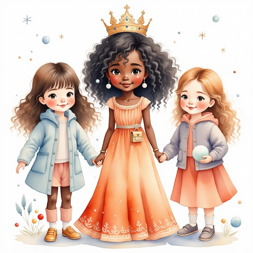 Queen Neena stands between friends, who hold snowballs in their hands. In the background, scattered footprints and tossed snowballs mark the ground.