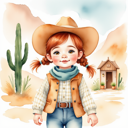 Calamity Kate stands excitedly in front of a small building with two towering cacti by the door. In the background, rolling desert hills under a bright sky