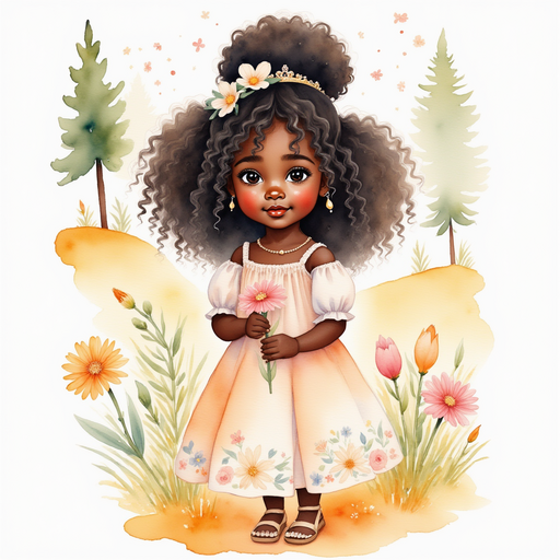 Princess Zoombella -who is black - is holding a bright flower close to her heart In the background, tall trees line the meadow