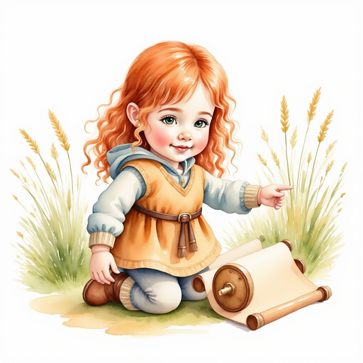 Bolda kneels, pointing at a line of writing on the scroll. In the background, tall stalks of grass bend in the wind.