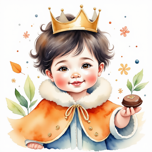 King Doodle Bum holds a small chocolate piece in his hand. In the background, rainbow leaves shimmer