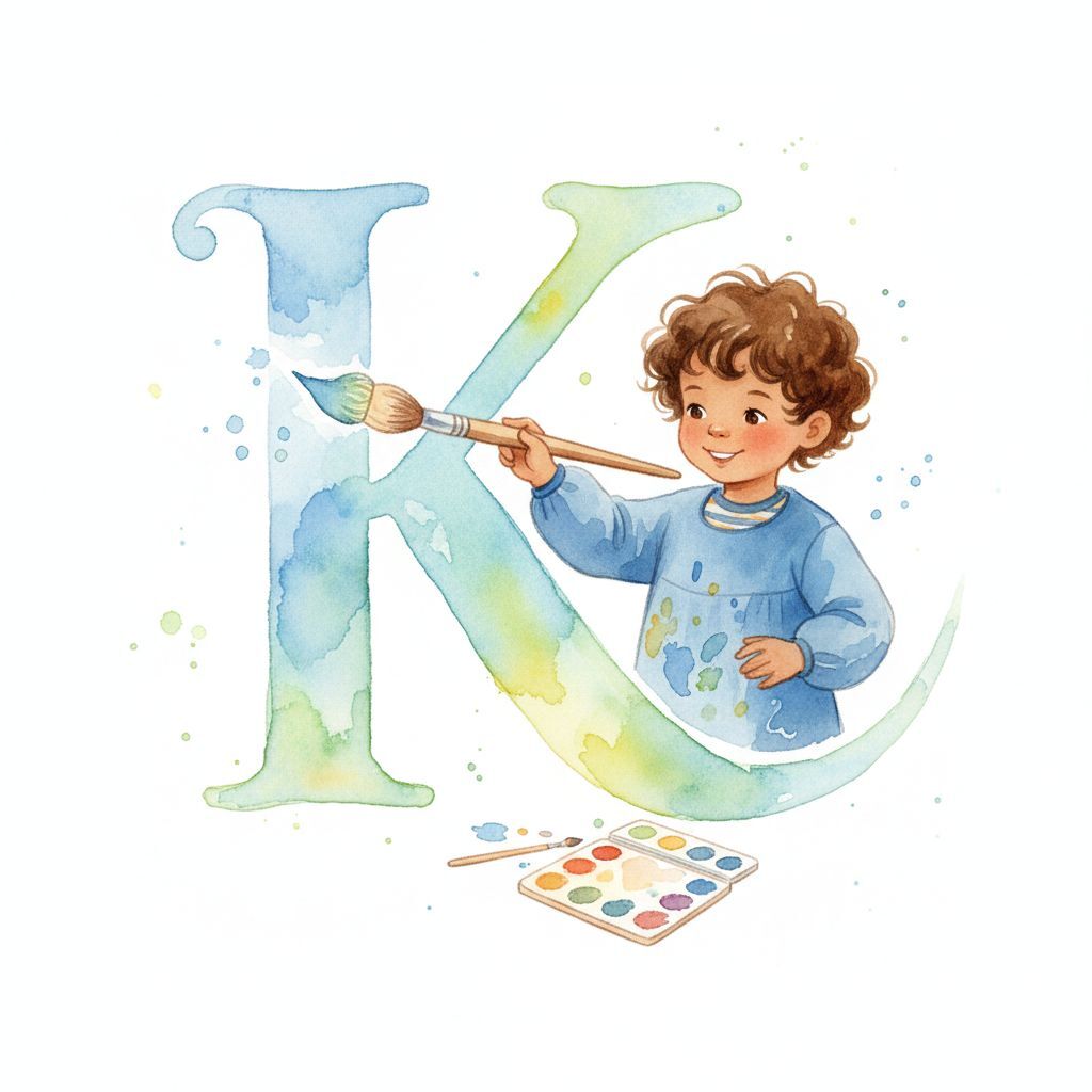 A mixed race kindergartener painting a large letter "K" using watercolors.