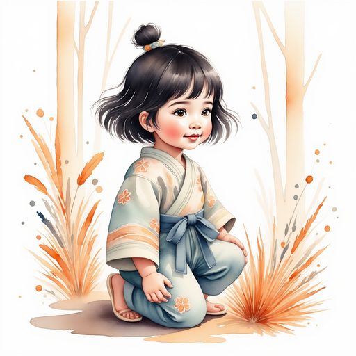 Sammy the Spirited Samurai kneeling beside a pile of colorful feathers. In the background, tall trees with orange leaves bend in the wind.