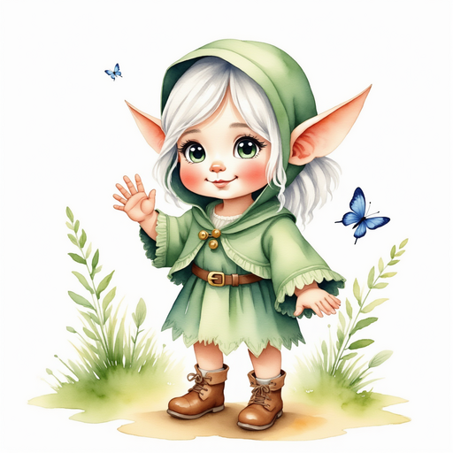 Show Flicker Sparkleaf standing near the base of the tree, hand waving in greeting. In the background: Delicate blue butterflies fluttering.