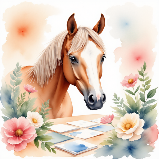 horse is peeking over the table, watching Kate make cards. In the background, the table is filled with colorful scraps