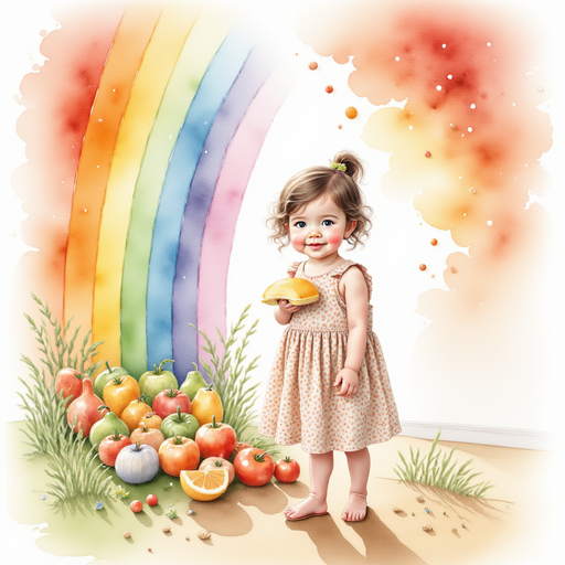 Sofia presenting the colorful foods to the rainbow.