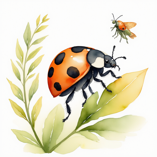 Penny the ladybug giggling while perched on a leafy vine. A few nearby laughing grasshoppers