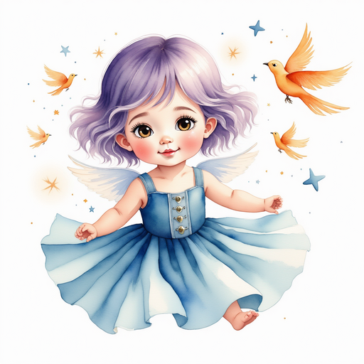 The little gothic sub fairy gracefully twirling in her shimmering blue gothic corset dress, her purple hair like a cloud of lavender silk. In the background, a majestic flock of shimmering phoenixes soaring through the sky.