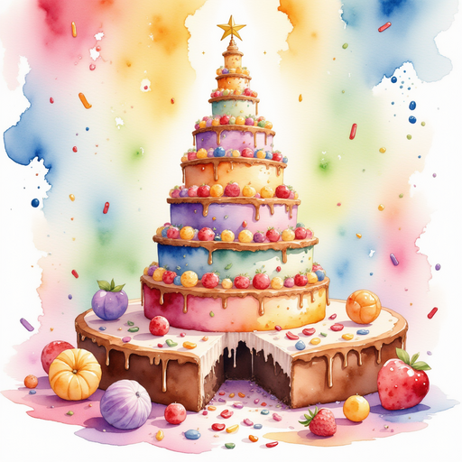 The royal chocolate tower glistening under bright candy sunbeams. In the background, rainbow sprinkles decorate a sugar-coated pathway