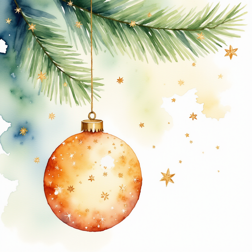 A sparkling ornament hangs from a green branch. In the background, gentle twinkle lights.
