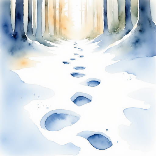 A series of shimmering footprints pressed into the soft snow In the background, faint shadows of tree trunks line the path
