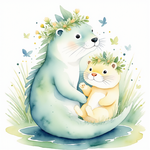 The kind otter floats beside Nessie Sparkles, raising a curious paw. In the background, the now-swollen river spreads across the grass.