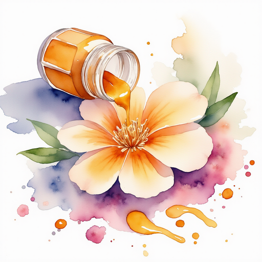 A small jar of gold paint tipped over onto a half-finished flower painting. In the background, droplets of spilled paint shining under the sun
