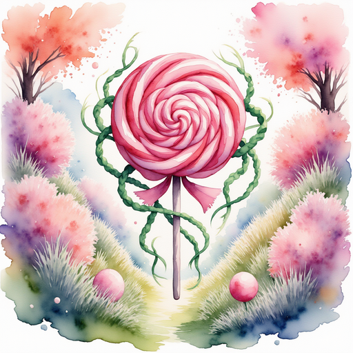 A tangled mass of twisted vines loops around a huge pink lollipop. In the background, sugary bushes form a maze.