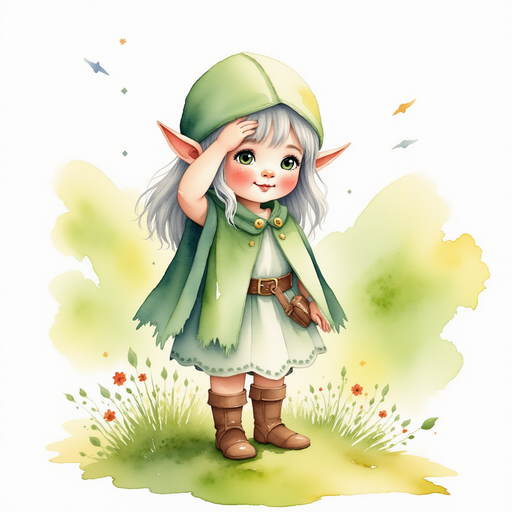 Flicker Sparkleaf stands at the crest of a grassy knoll, one hand shading her eyes as she looks ahead. In the background, soft hills and twinkling wildflowers.