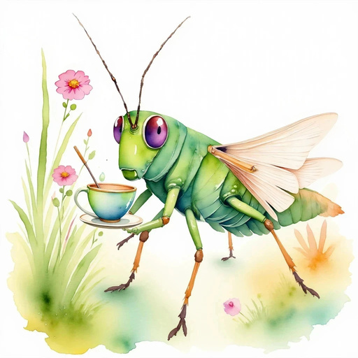 Show Buzzywhirl carefully touching a colorful cup with a tool. In the background, grass and flowers create a bright patchwork of greens and yellows.