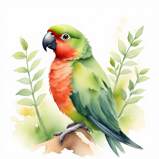 A green-and-red parrot tilting its head. In the background, tall vines.