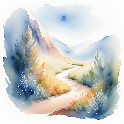 A shiny rock sparkles on the ground. In the background, the path winds upward.