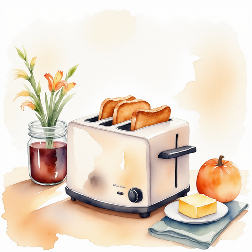 Show an oven toaster. In the background, the counter has a jar of jam and a pat of butter.