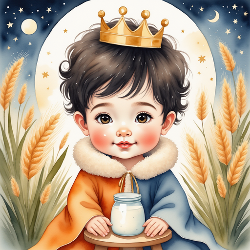 Portray a tall milking stool, with a tiny jar of warm milk resting on it. In the background gentle swaying wheat illuminated by moonlight