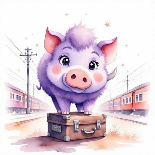 Show Brutus balancing on a suitcase. In the background, sparkling train cars line up beside the platform