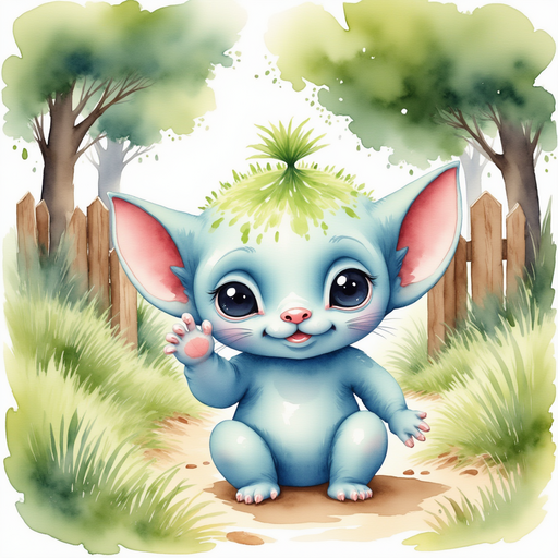 Zibloo waves happily near the cottage gate. In the background, a narrow stone path leads into the forest.