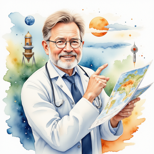 Dr. Rainbolt holding a weather chart, pointing at swirling lines on a map. In the background scientific instruments