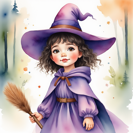 Show Willow Charms clutching her broom with a pensive look. In the background, a subtle mist curling around the tall trees.