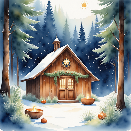 The carved wooden star glows softly under the firelight. In the background, a tall wooden meeting hall stands decorated with pine garlands.