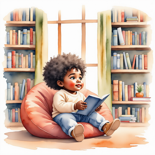 A bean bag chair in the reading corner surrounded by colorful books on tall bookshelves. In the background, a cozy window seat with soft pillows.