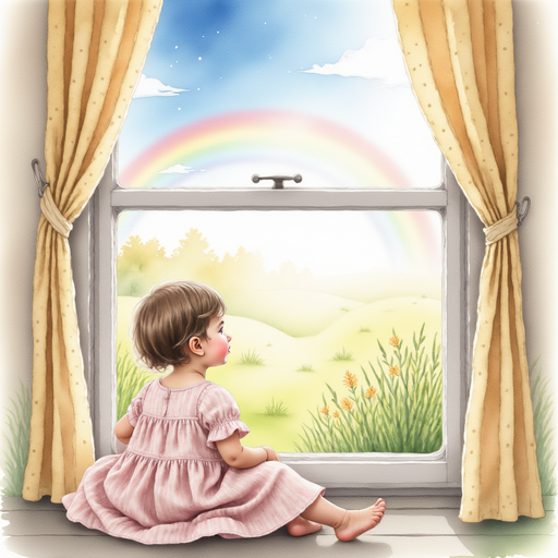Sofia sitting by her window, looking at a rainbow in the sky.