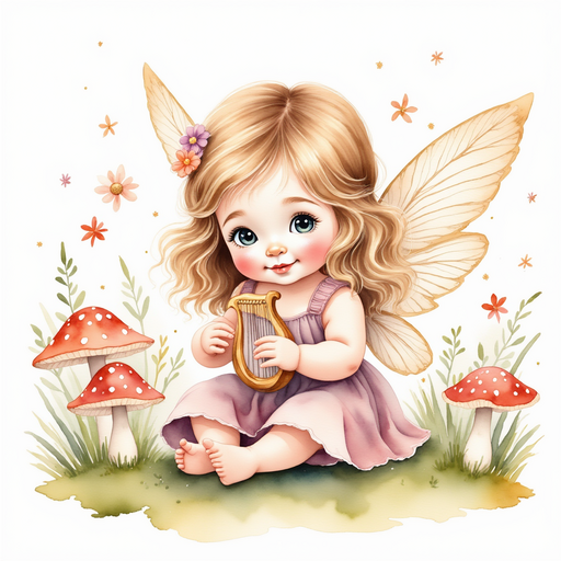 A small fairy playing an enchanting melody on her tiny harp surrounded by toadstools. In the background, a sun-dappled clearing in the forest.