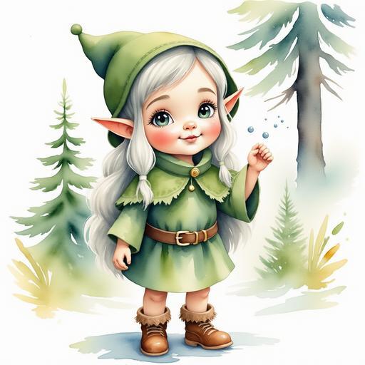 Flicker Sparkleaf stands beneath a towering pine tree, one hand gently catching a flake of snow In the background, clusters of evergreens dusted with snow