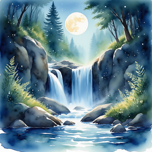 Illustrate a mystical waterfall cascading over rocks, with glowing fireflies dancing around. In the background, moonlit mist swirling in the air.