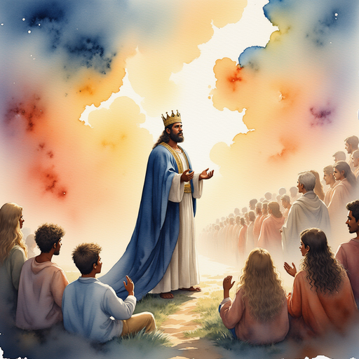 The king addressing his people, with a fading rainbow in the background.