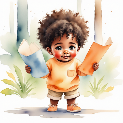 Her little brother holding colorful flyers eagerly. A backyard visible through the window, hinting at space for the potential gallery.