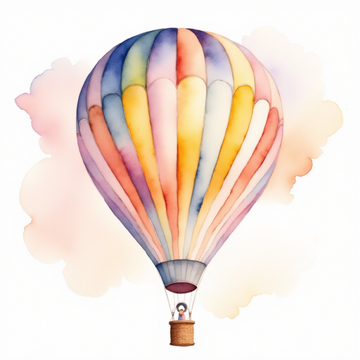 Show the colorful balloon with a tall flame burner and a wide basket. In the background, pink clouds swirl softly.